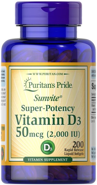 Vitamina D3 Super-Potencial, 50 mcg - 200 cápsulas gelatinosas - Puritan's Pride