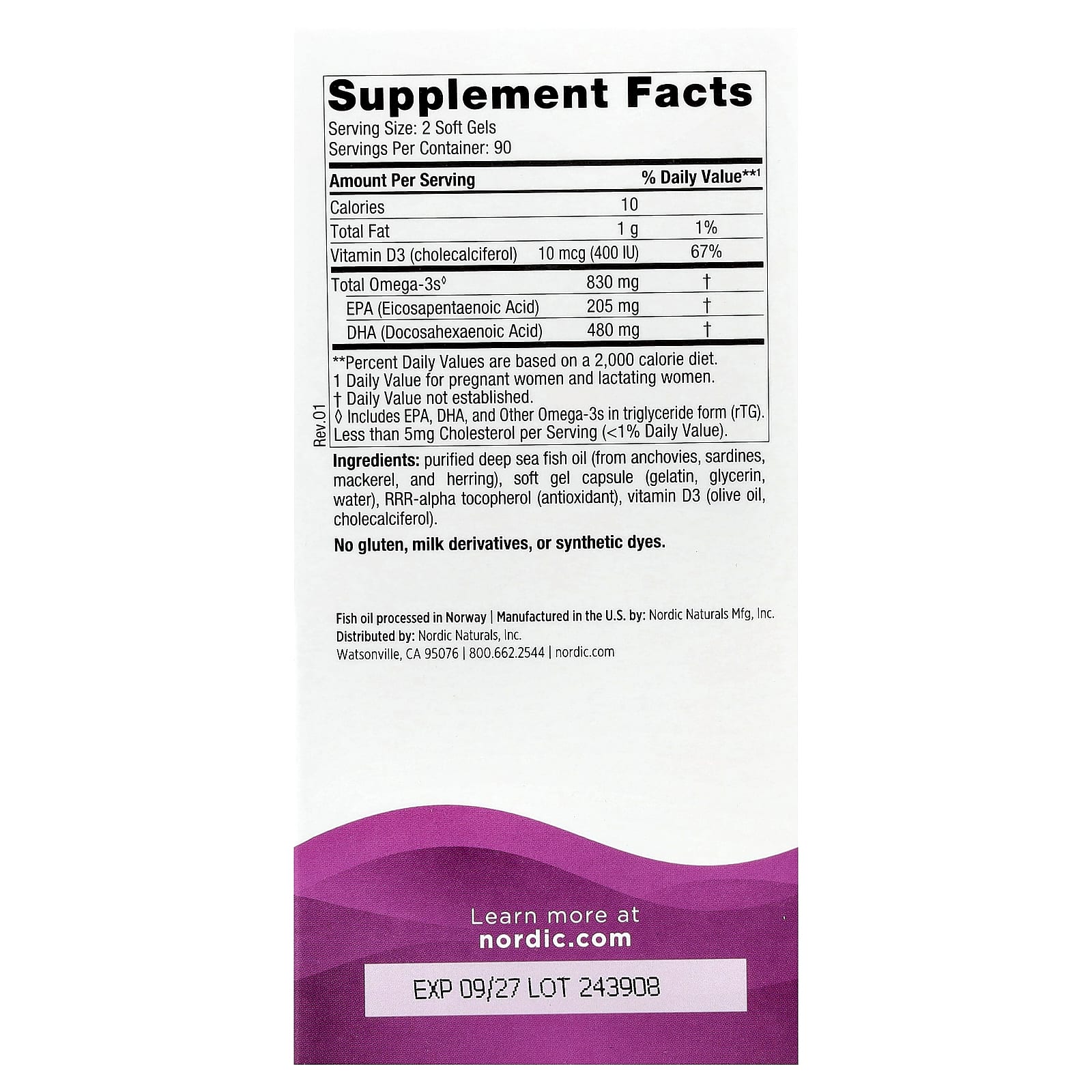 Prenatal DHA, 830mg Omega-3 + 400 IU D3, Unflavored -180 Soft Gels, Nordic Naturals