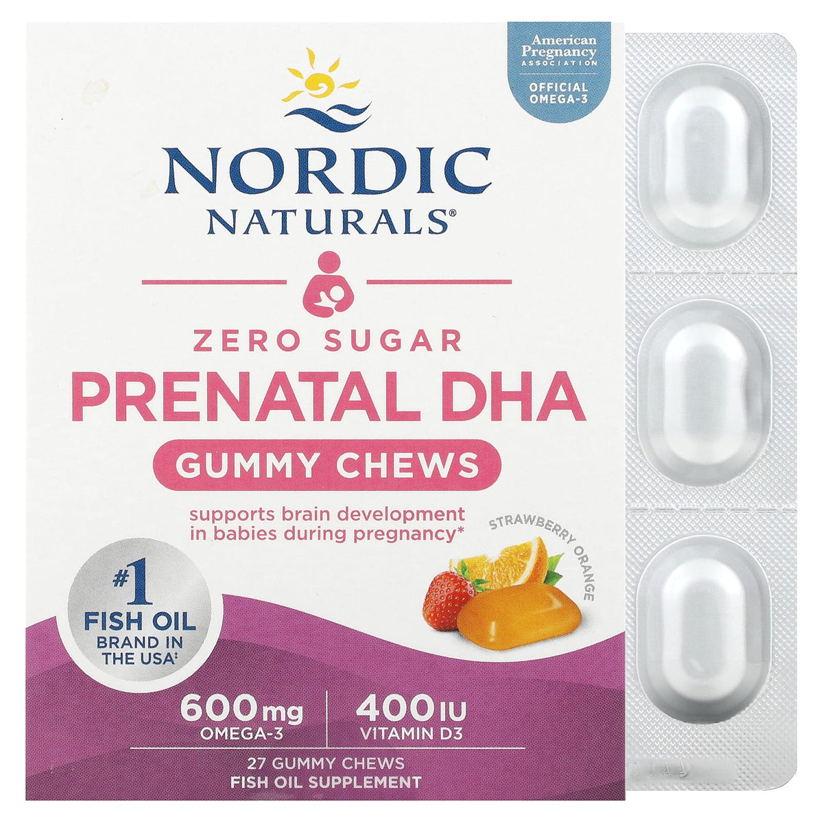 Gomas mastigáveis DHA pré-natal, morango e laranja - 27 gomas, Nordic Naturals