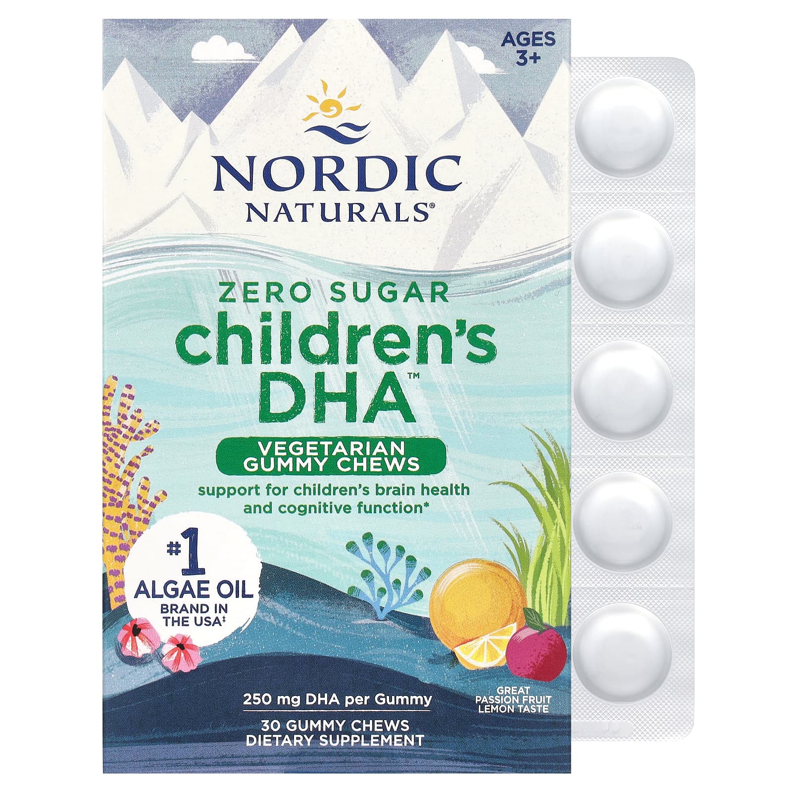 Gomas mastigáveis vegetarianas de DHA infantil, 250 mg, maracujá e limão - 30 gomas, Nordic Naturals