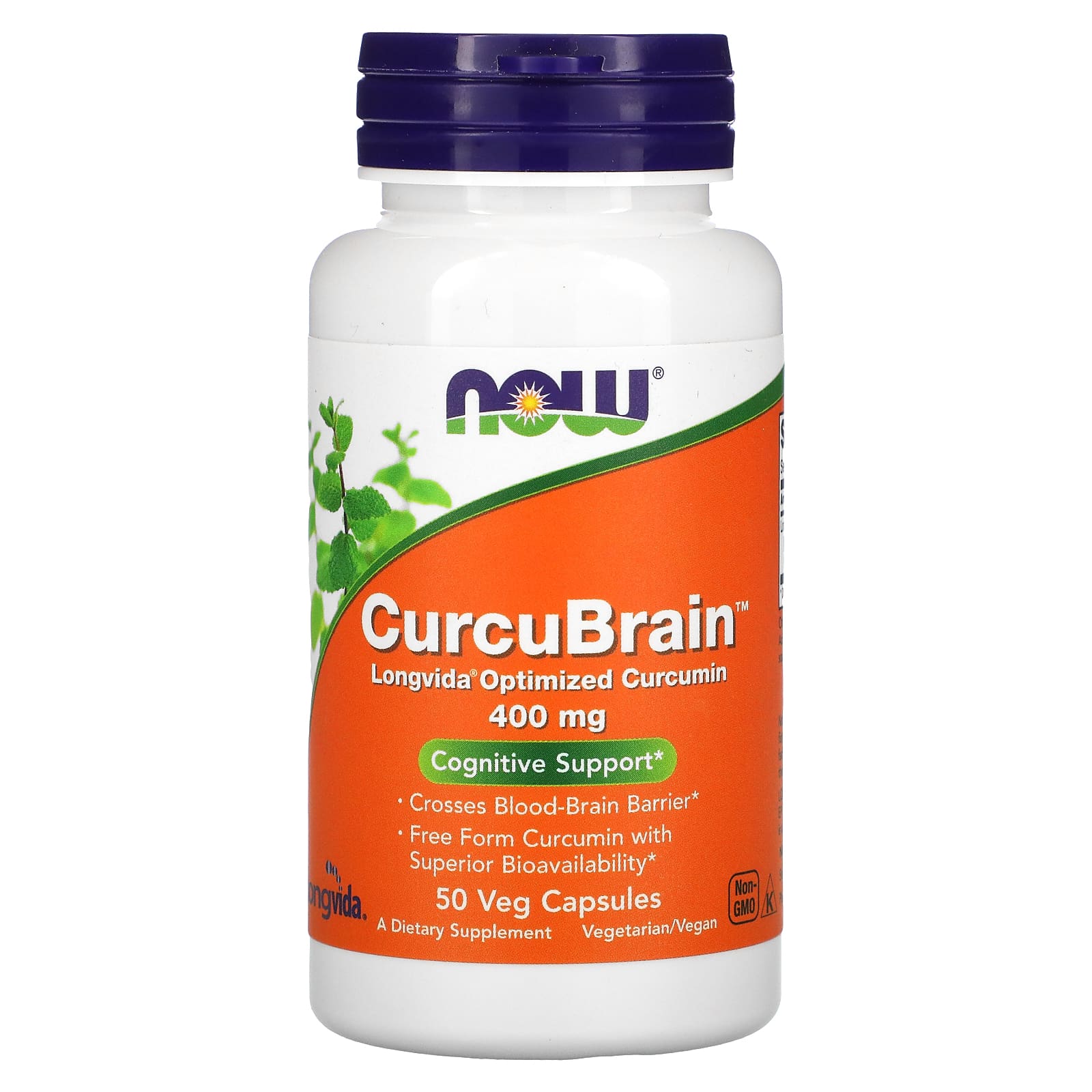 CurcuBrain Longvida Curcumina Otimizada 400 mg, 50 Cápsulas Vegetarianas, Now Foods