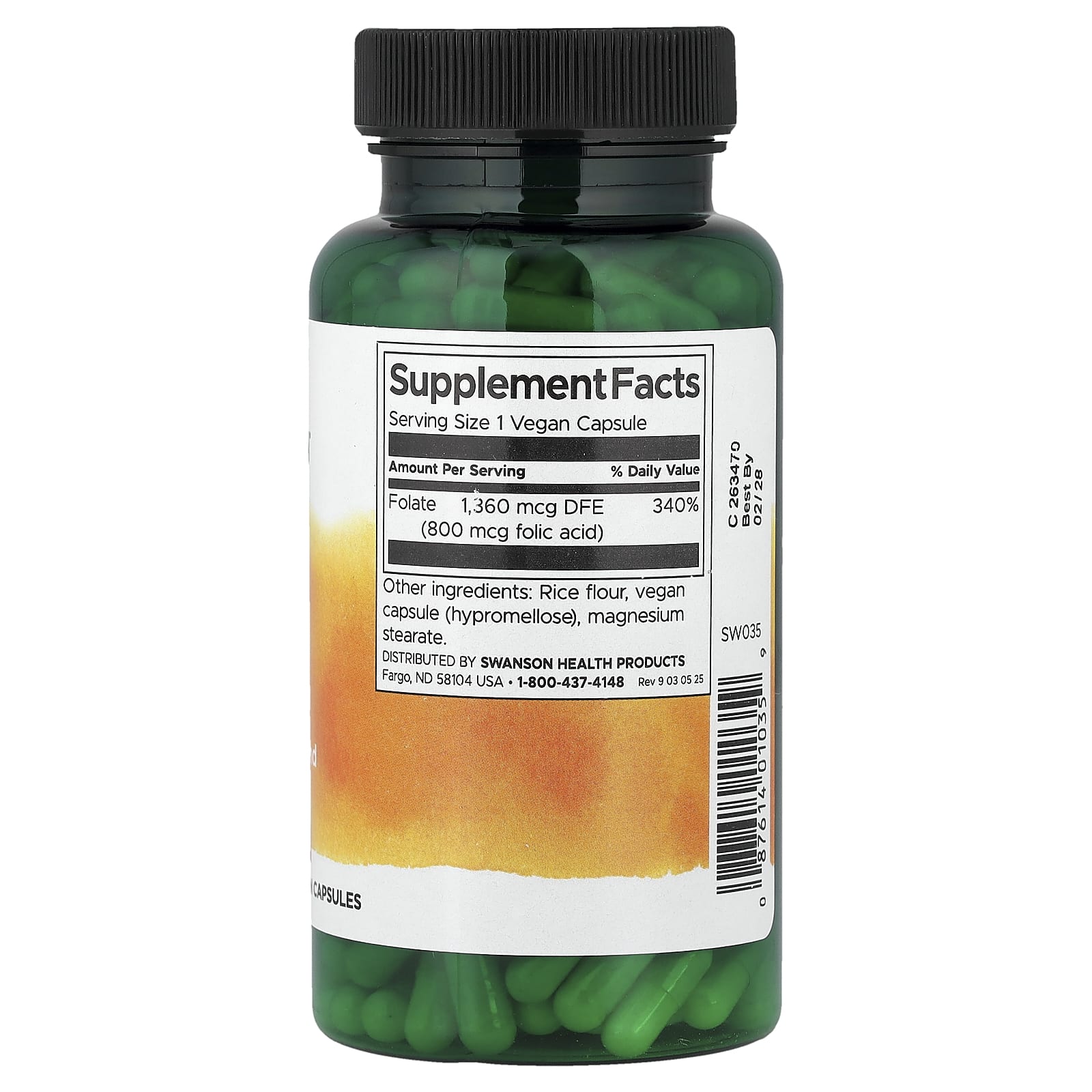 Ácido Fólico 800 mcg, 250 Cápsulas, Swanson