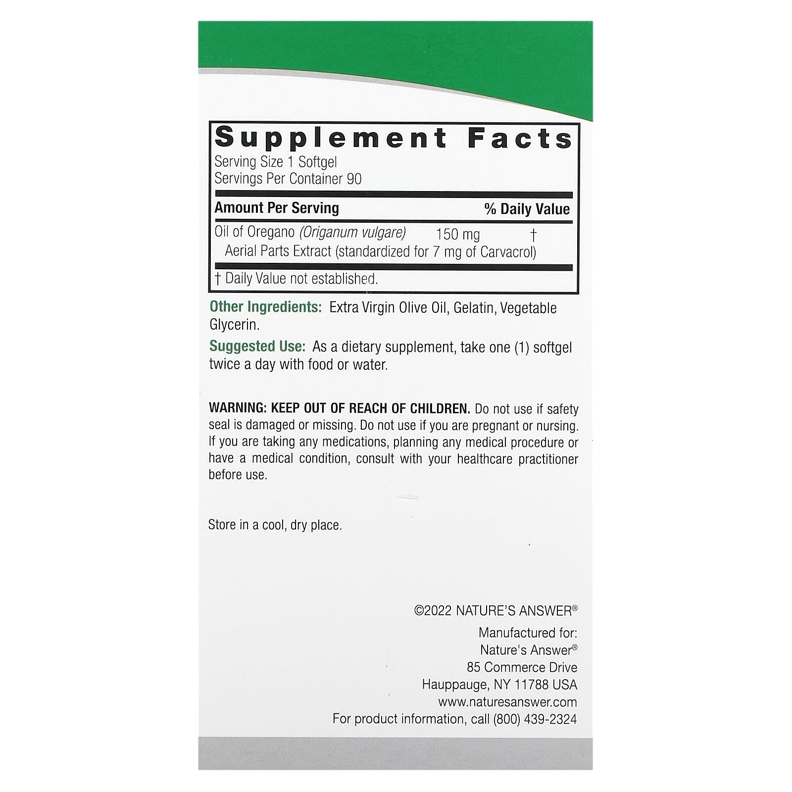 Óleo de Orégano, 150mg - 90 cápsulas gelatinosas - Nature's Answer