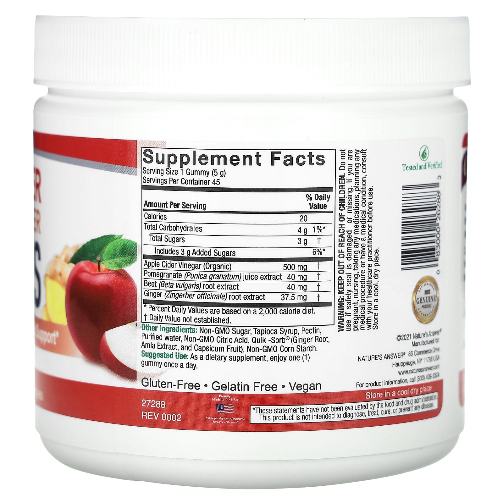 Gomas de vinagre de maçã e gengibre - 45 gomas de pectina - Nature's Answer