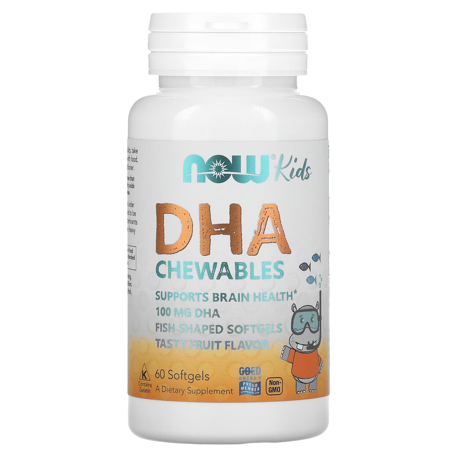 Óleo de peixe mastigável DHA Kids, 100 mg, 60 softgels, Now Foods