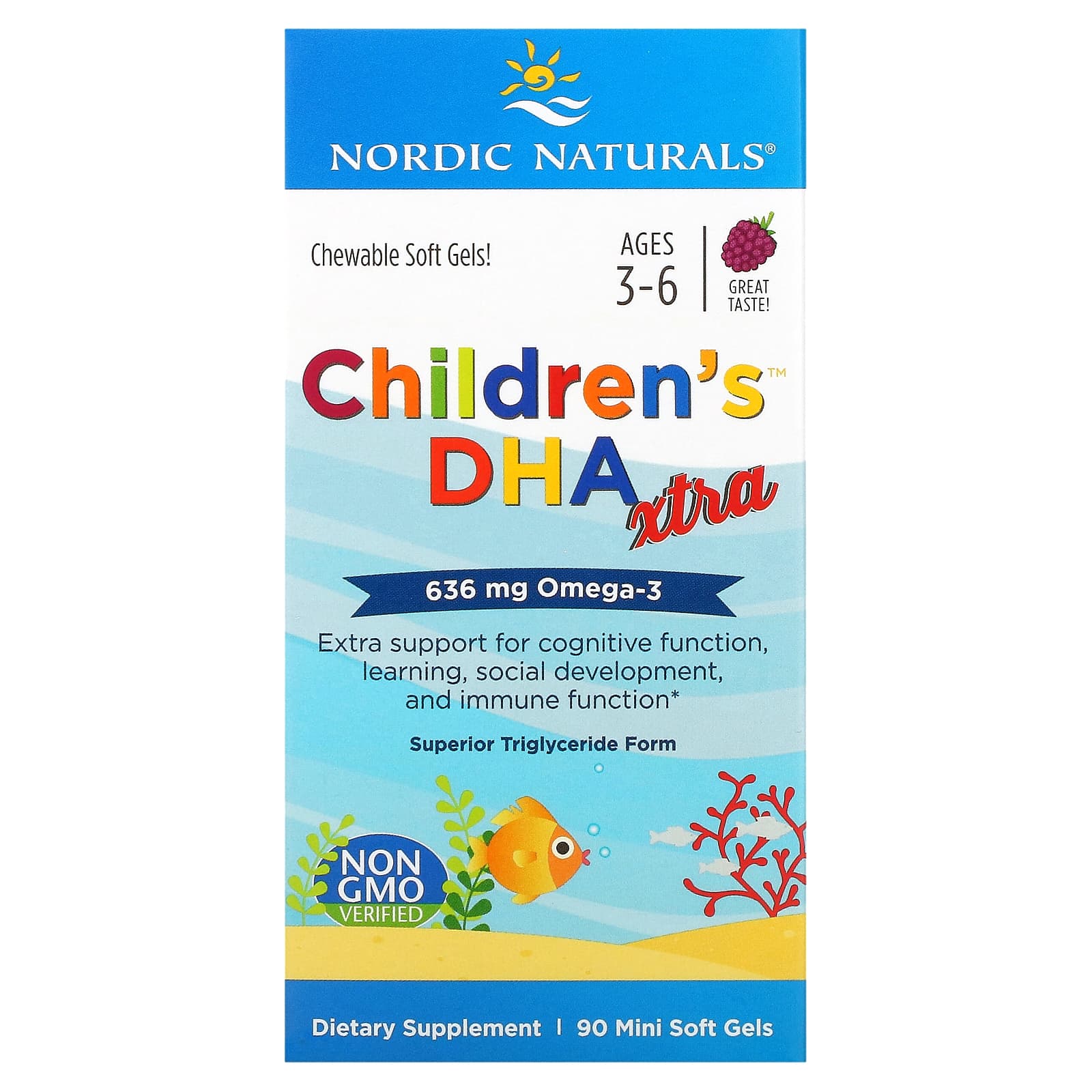 Óleo de peixe DHA Xtra infantil - 636 mg Berry Punch - 90 mini cápsulas gelatinosas, Nordic Naturals