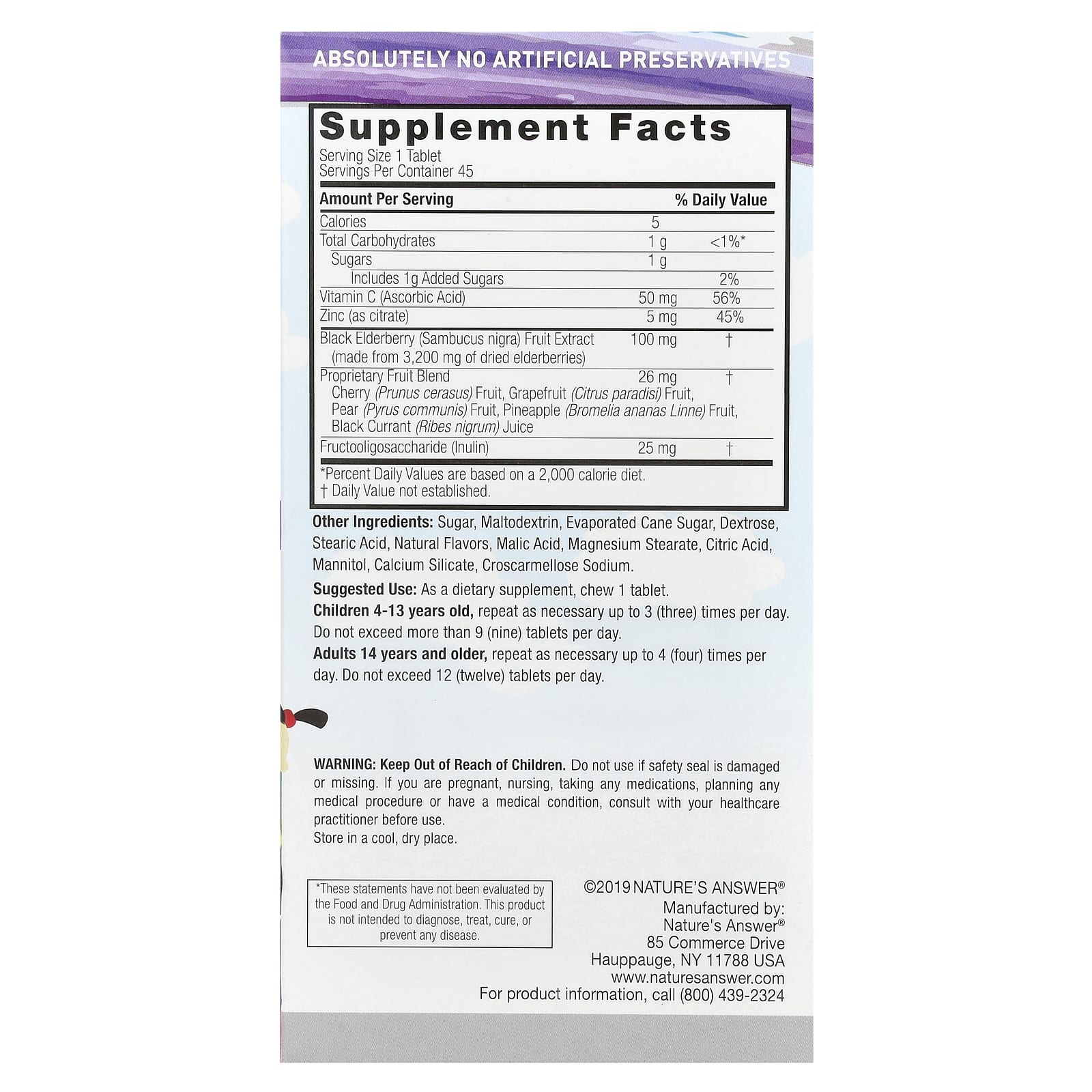 Sambucus Mastigáveis para Crianças, Sabugueiro Preto - 45 comprimidos mastigáveis - Nature's Answer