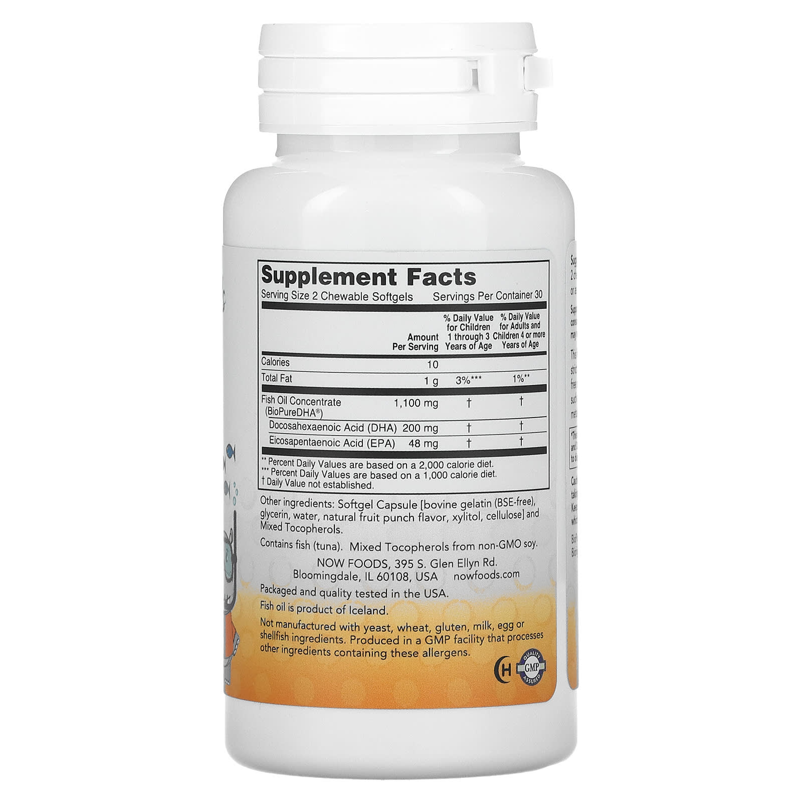 Óleo de peixe mastigável DHA Kids, 100 mg, 60 softgels, Now Foods