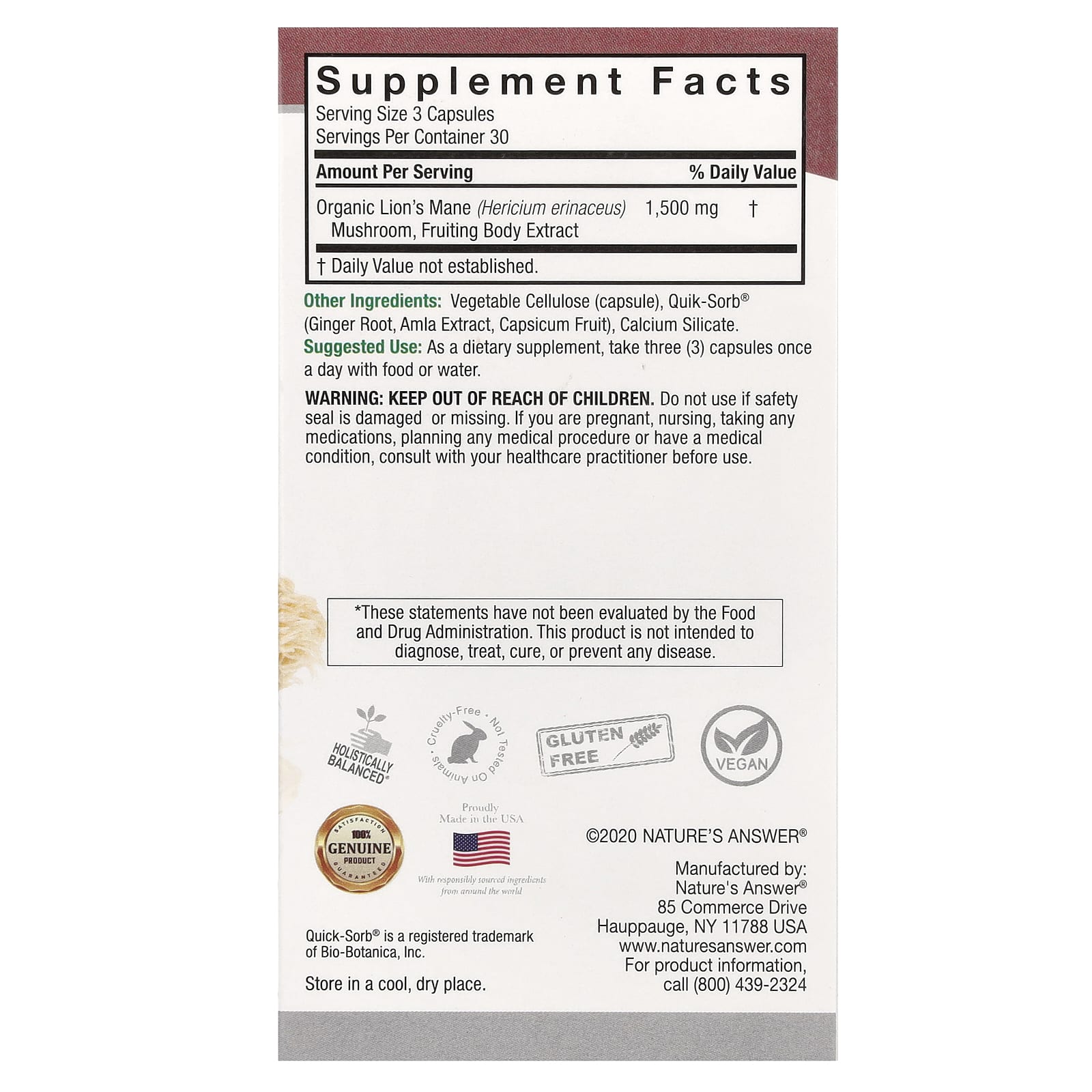 Juba de Leão, 1500mg - 90 cápsulas vegetais - Nature's Answer