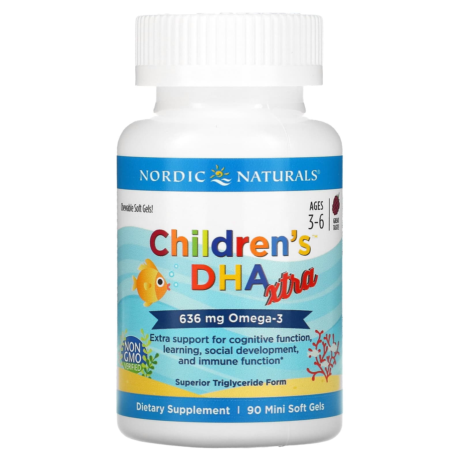Óleo de peixe DHA Xtra infantil - 636 mg Berry Punch - 90 mini cápsulas gelatinosas, Nordic Naturals