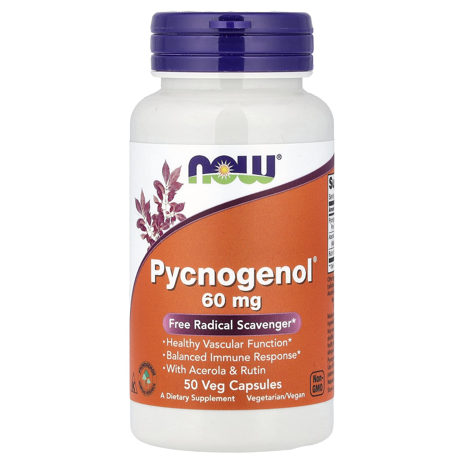 Pycnogenol com pó de acerola e rutina, 60 mg, 50 vcaps, Now Foods