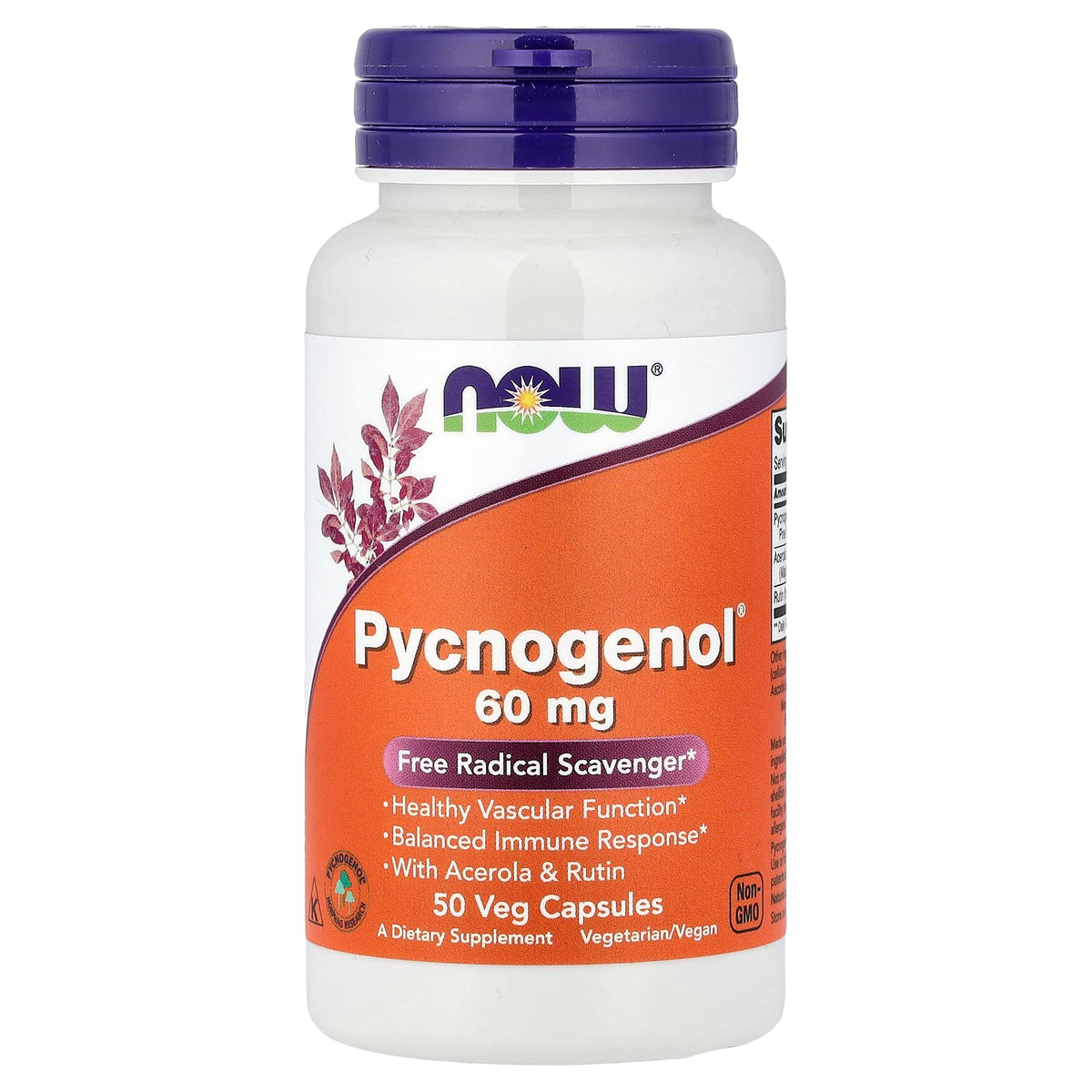 Pycnogenol com pó de acerola e rutina, 60 mg, 50 vcaps, Now Foods