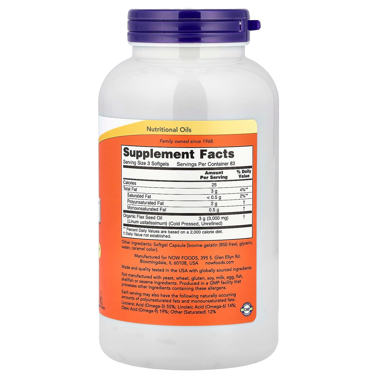 Óleo de linhaça - 1000mg, 250 softgels, Now Foods