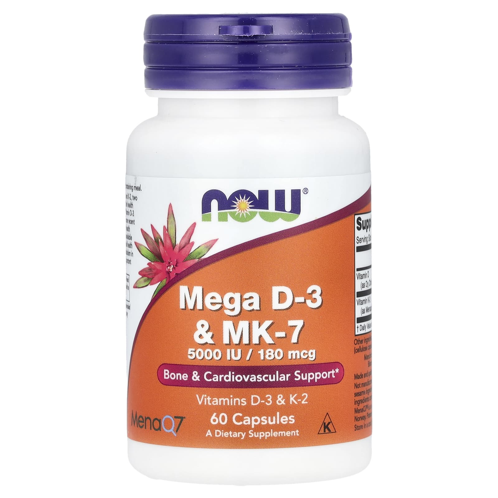 Mega D-3 & MK-7, 5000UI / 180mcg, 60 Cápsulas Vegetais, Now Foods