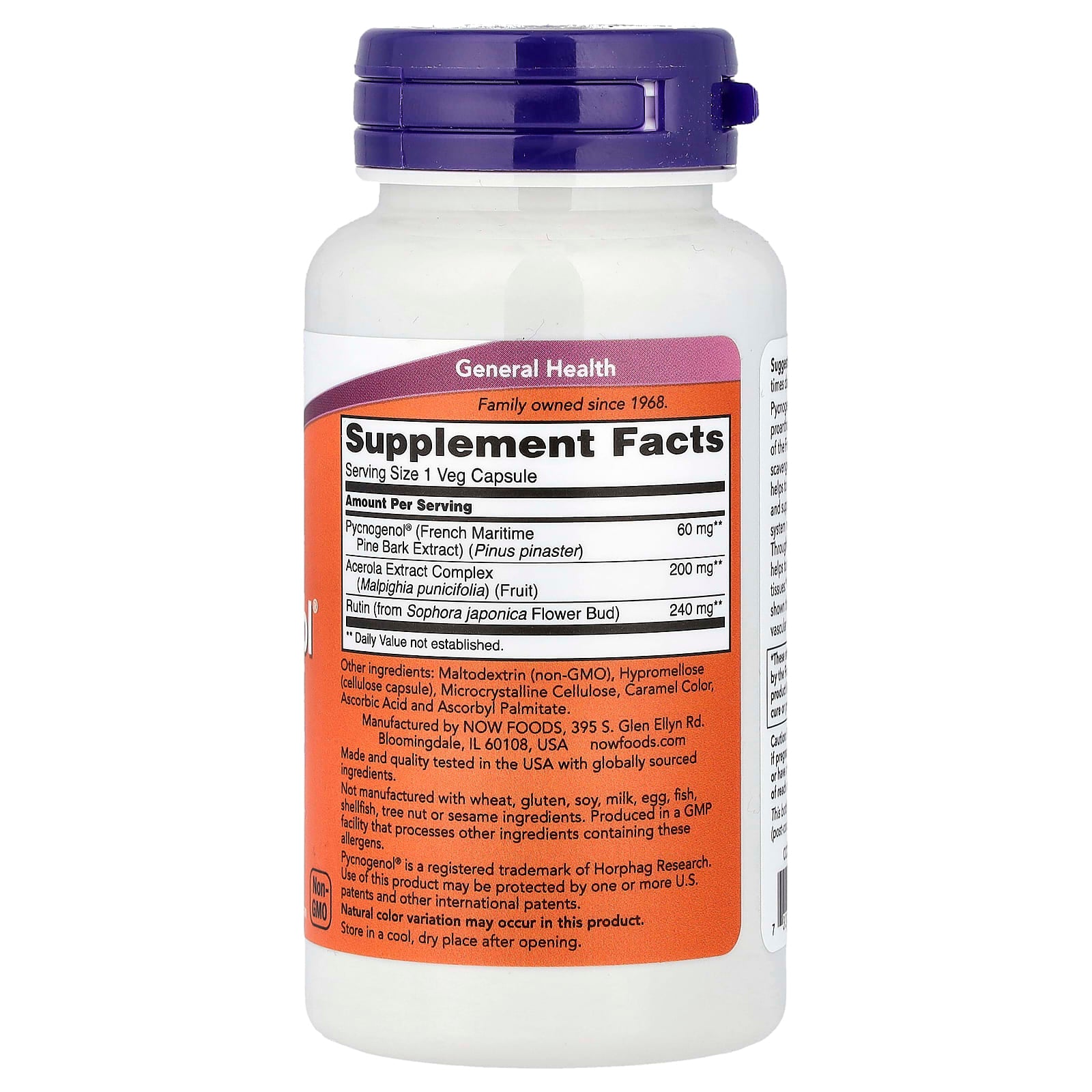 Pycnogenol com pó de acerola e rutina, 60 mg, 50 vcaps, Now Foods