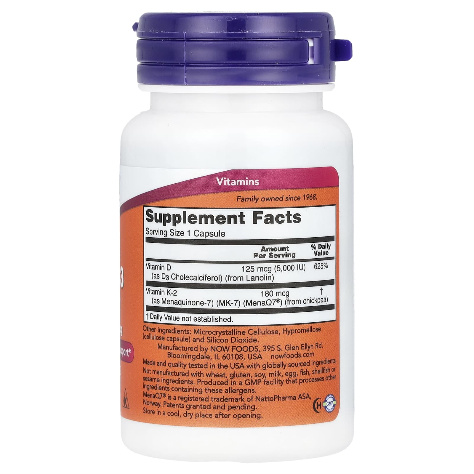Mega D-3 & MK-7, 5000UI / 180mcg, 60 Cápsulas Vegetais, Now Foods