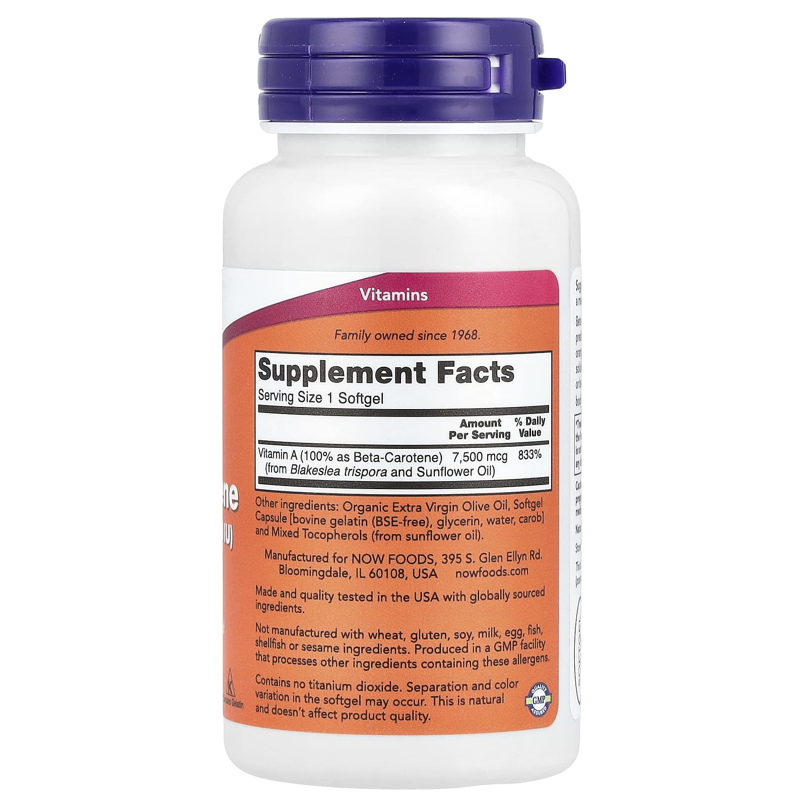 Beta Caroteno Natural - 7 500 mcg (25 000 UI), 90 softgels, Now Foods