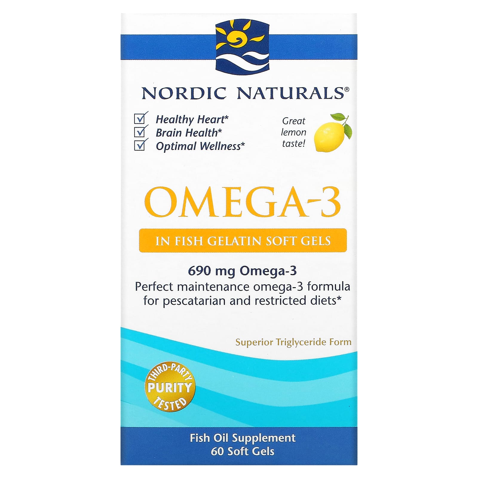 Ômega-3 - 690mg Limão (Gelatina de Peixe) - 60 cápsulas gelatinosas, Nordic Naturals
