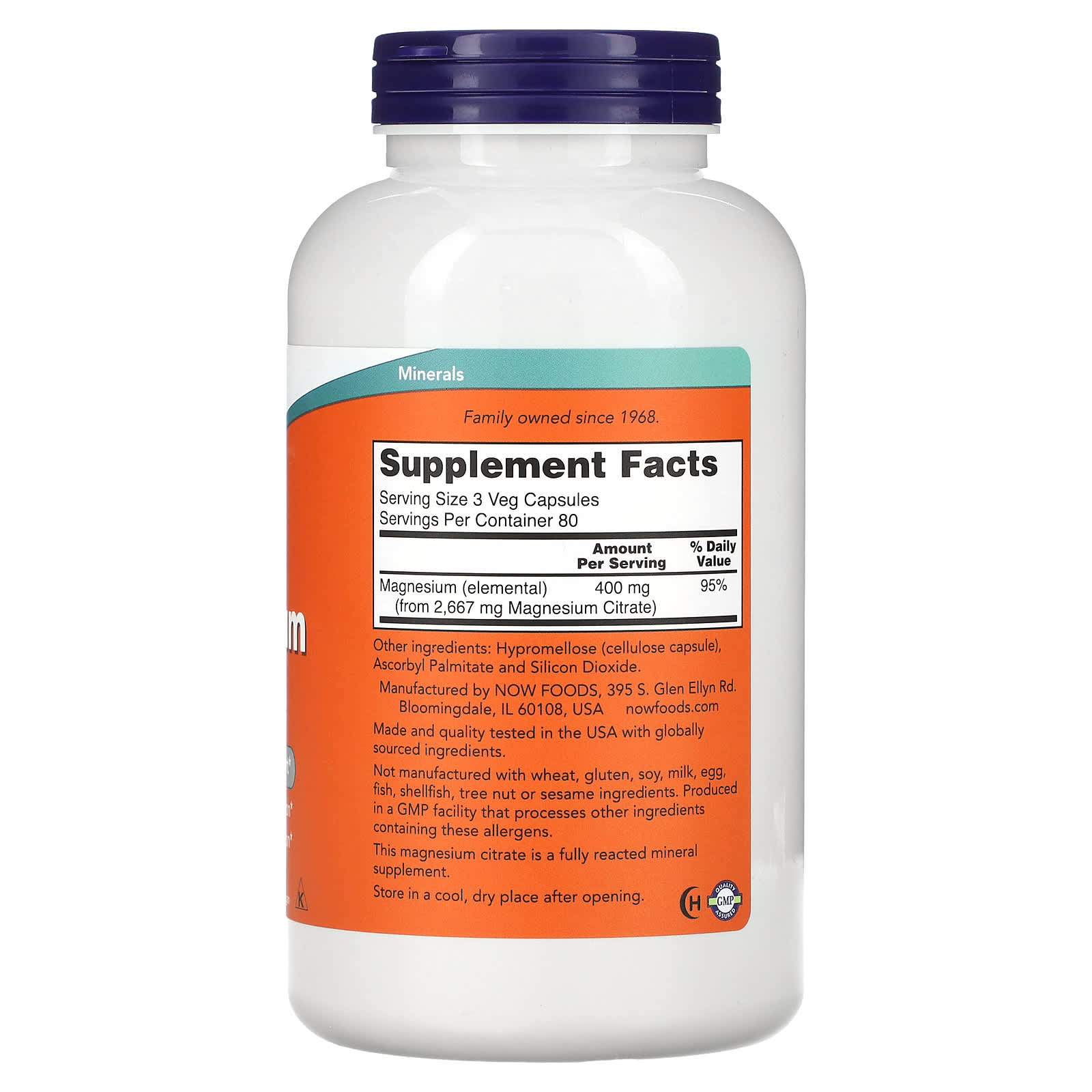Citrato de Magnésio, 400mg, 240 Cápsulas Vegetais, Now Foods