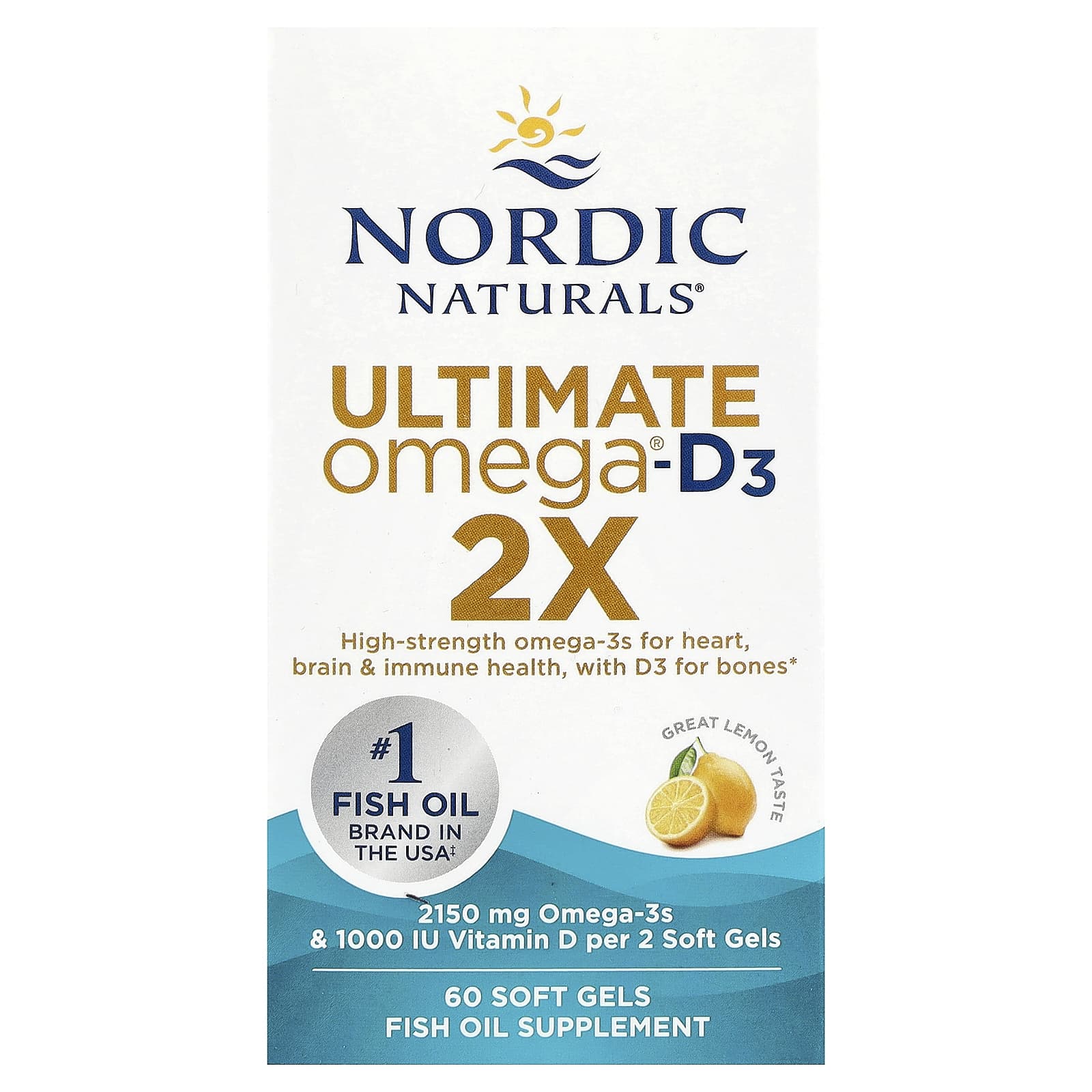 Ultimate Omega 2X com Vitamina D3, 2150mg Limão - 60 cápsulas gelatinosas, Nordic Naturals