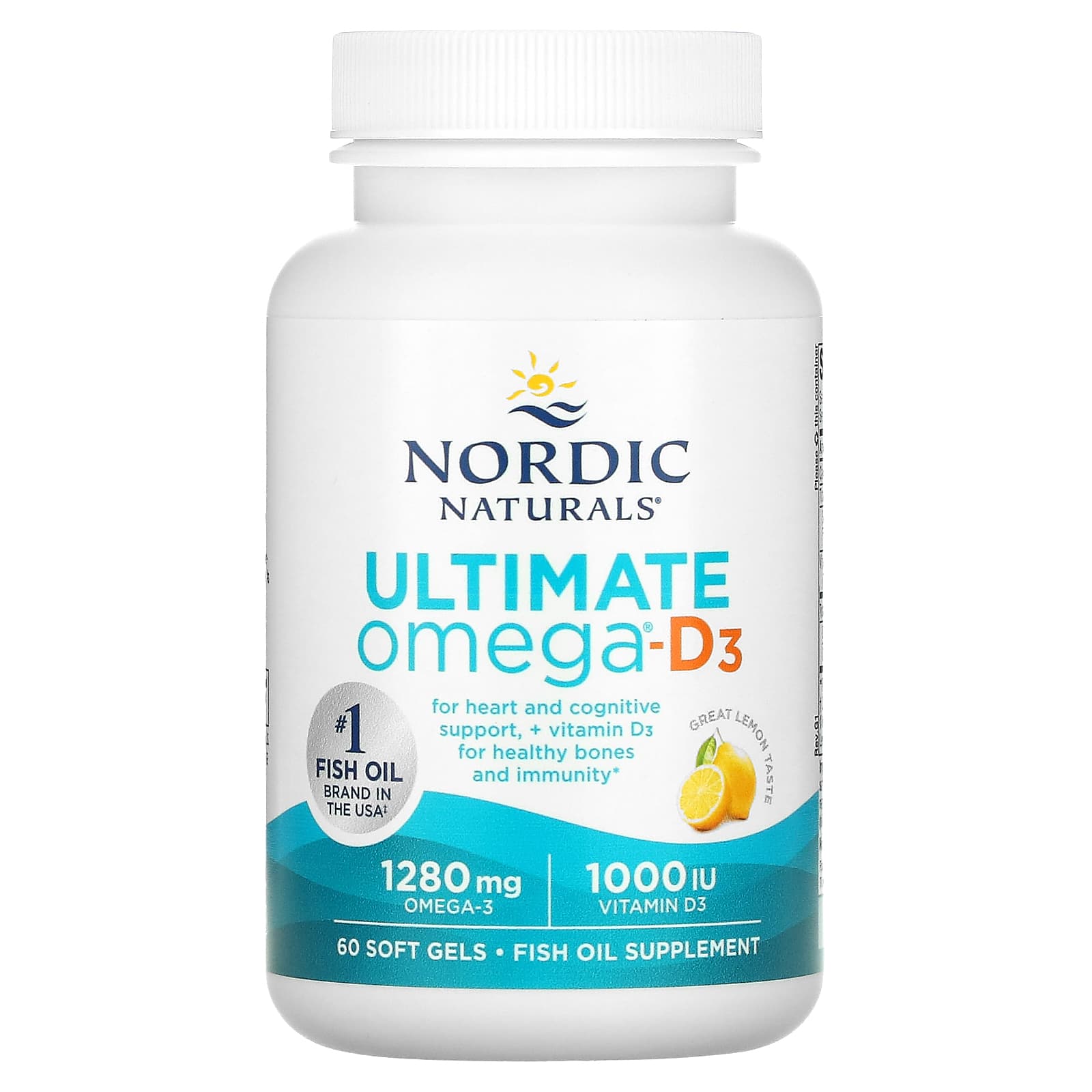 Óleo de peixe Ultimate Omega-D3 - 1280 mg Limão - 60 cápsulas gelatinosas, Nordic Naturals