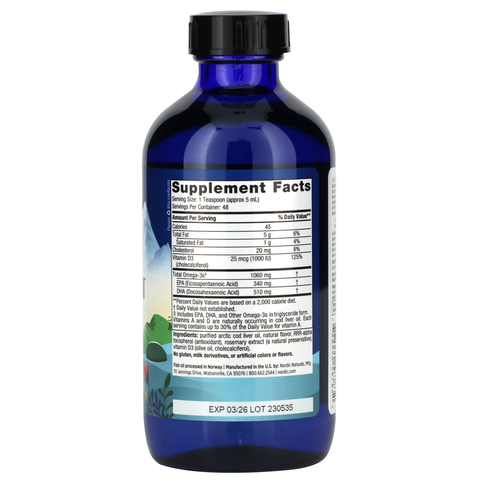 Óleo de fígado de bacalhau Arctic-D, limão - 237 ml., Nordic Naturals