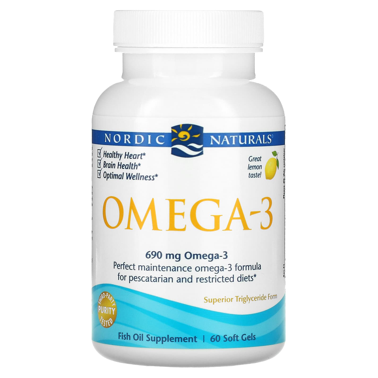Ômega-3 - 690mg Limão (Gelatina de Peixe) - 60 cápsulas gelatinosas, Nordic Naturals