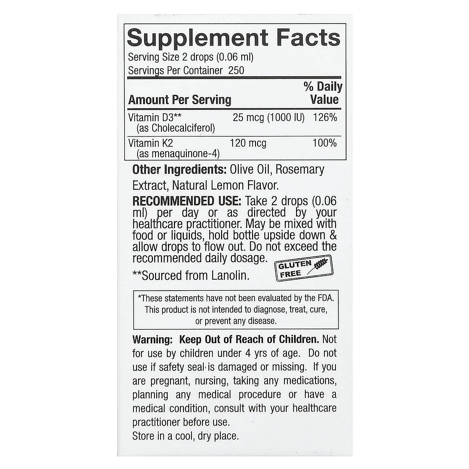 Vitamina D3 e K2 - 15 ml. - Nature's Answer