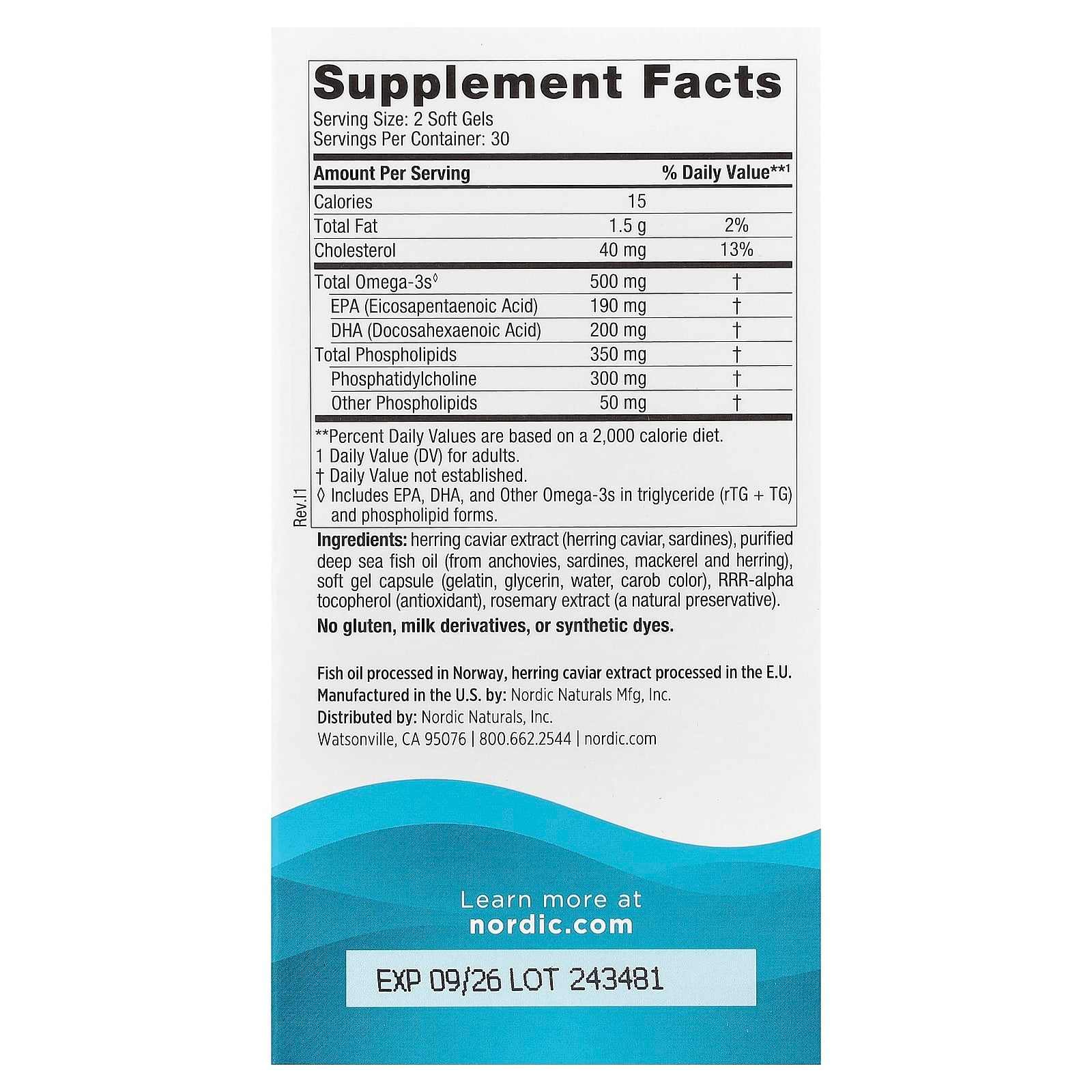 Fosfolipídios ômega-3, 500 mg - 60 cápsulas gelatinosas, Nordic Naturals