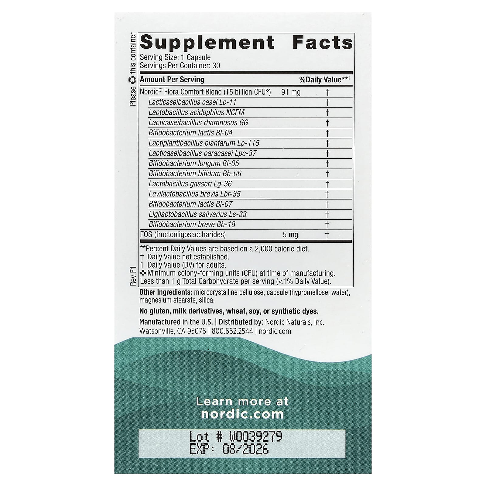 Nordic Flora Probiotic Comfort, 15 bilhões de UFC - 30 cápsulas, Nordic Naturals