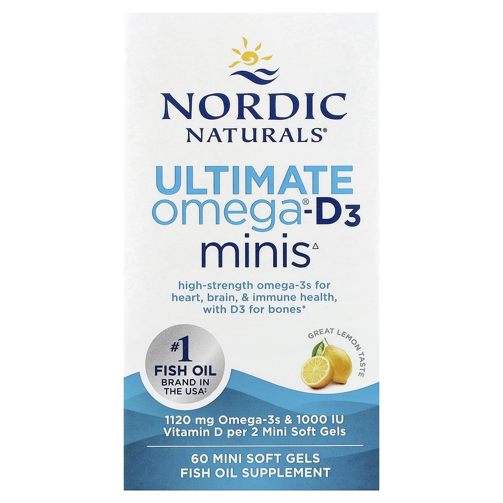 Ultimate Omega 2X Mini com Vitamina D3, 1120mg Limão - 60 mini cápsulas gelatinosas, Nordic Naturals