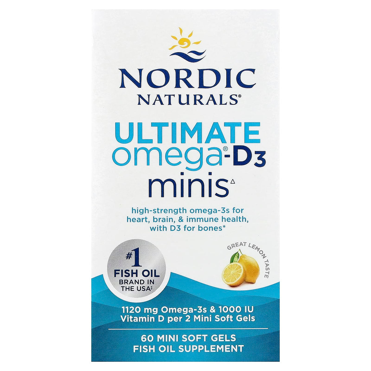 Ultimate Omega 2X Mini com Vitamina D3, 1120mg Limão - 60 mini cápsulas gelatinosas, Nordic Naturals
