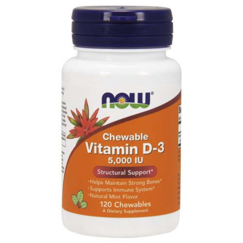 Vitamina D-3 - 5000 UI (mastigável), 120 mastigáveis, Now Foods