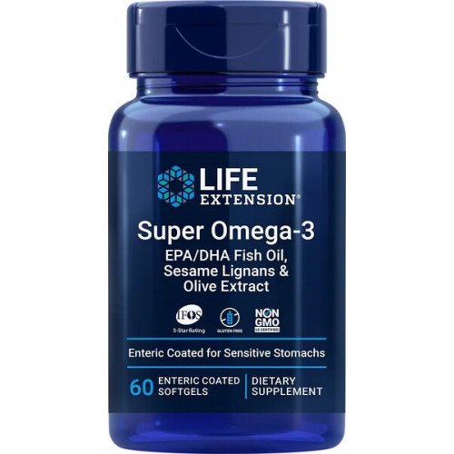 Óleo de peixe Super Ômega-3 com EPA/DHA, 60 cápsulas gelatinosas com revestimento entérico, Life Extension