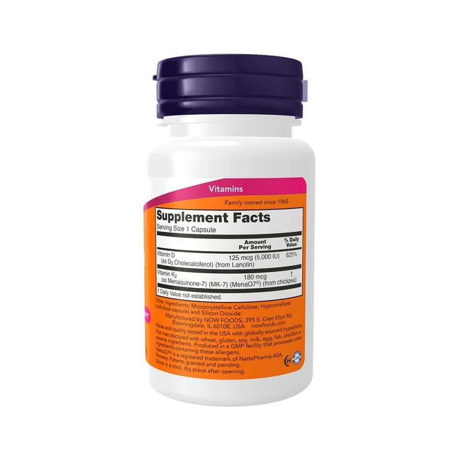 Mega D-3 & MK-7, 5000UI / 180mcg, 60 Cápsulas Vegetais, Now Foods